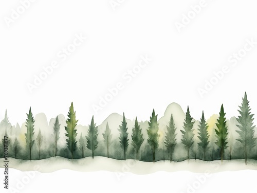 Watercolor Tree Line with Banana on White Background in Dark Green and Light Gray Xmaspunk Style Generative AI photo