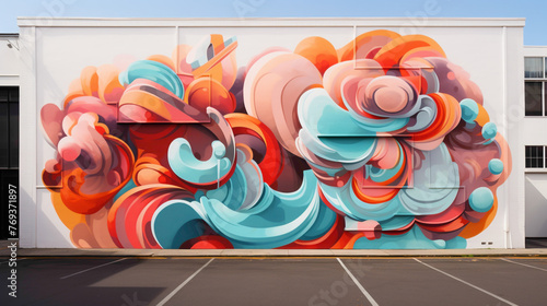 A street art mural pulsating with life and movement, featuring bold graffiti-style lettering and dynamic abstract shapes that breathe new life into the city streets. photo