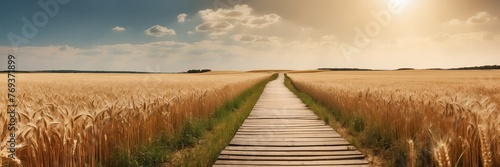 Beautiful panoramic sunny wheat field landscape with wooden path nature banner poster background backdrop from Generative AI
