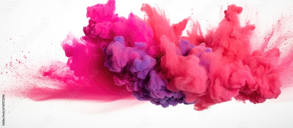 A pink and purple ink splash on a white background inspired by natural materials like petals, feathers, and plants, creating a vibrant and artistic design with magenta and violet tones