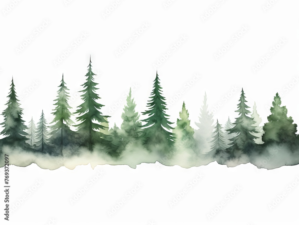 Obraz premium Watercolor Tree Line: Cedar of Lebanon on White in Dark Green and Light Gray Style Generative AI