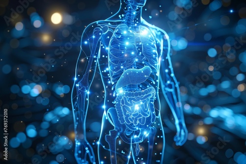 3D Illustration : Human digestive system anatomy on blue color medical background photo
