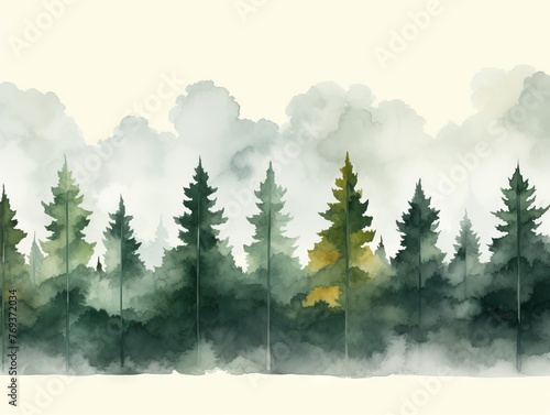 Watercolor Tree Line of Butternut on White in Dark Green and Light Gray Style Generative AI