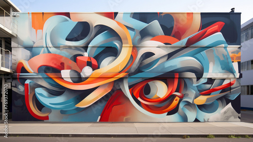 A street art mural pulsating with life and movement, featuring bold graffiti-style lettering and dynamic abstract shapes that breathe new life into the city streets. photo