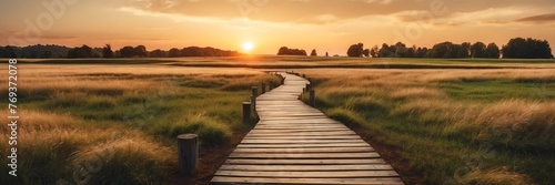 Beautiful panoramic sunset park landscape with wooden path nature banner poster background backdrop from Generative AI