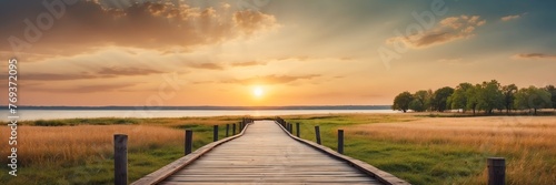 Beautiful panoramic sunset park landscape with wooden path nature banner poster background backdrop from Generative AI