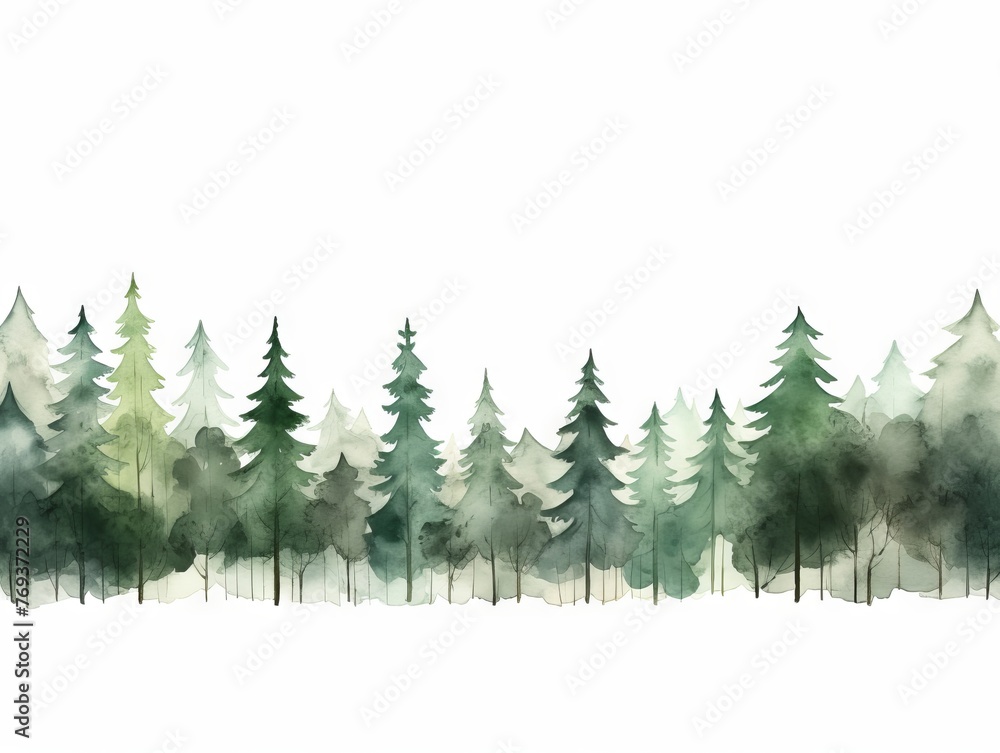 Watercolor Tree Line: Chestnut Series on White in Dark Green and Light Gray Style Generative AI