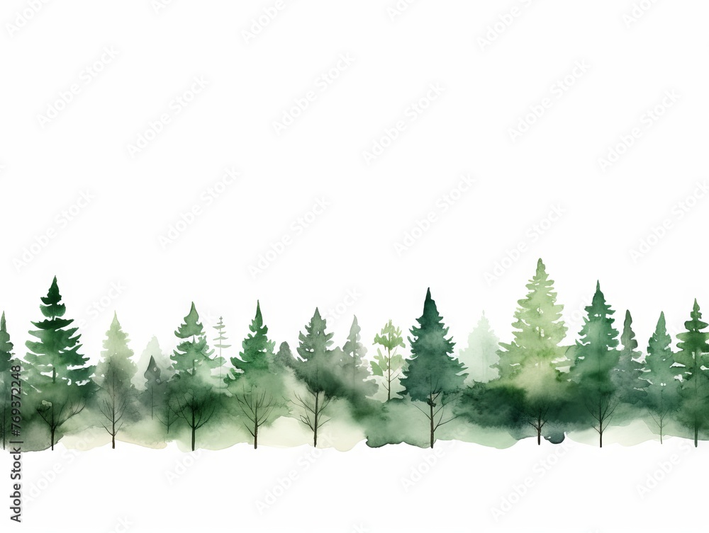 Obraz premium Watercolor Tree Line: Chestnut Series on White in Dark Green and Light Gray Style Generative AI