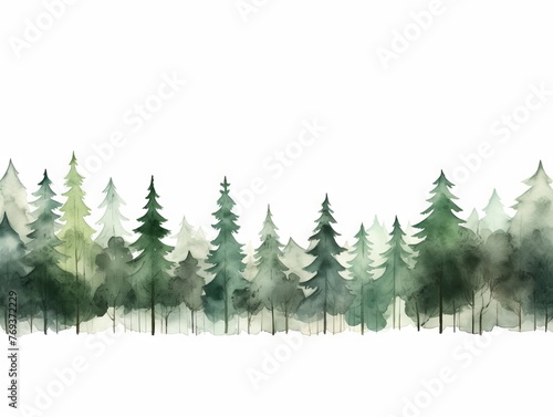 Watercolor Tree Line: Chestnut Series on White in Dark Green and Light Gray Style Generative AI