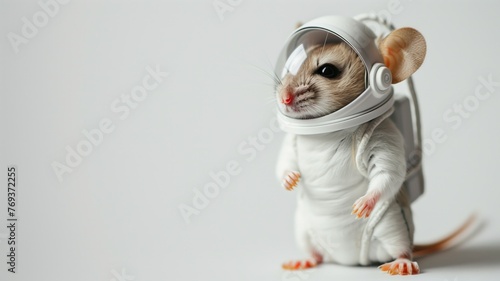 little mouse astronaut, minimalism, copy space for text, grey background. Banner for Cosmonautics Day © Anastasiia S