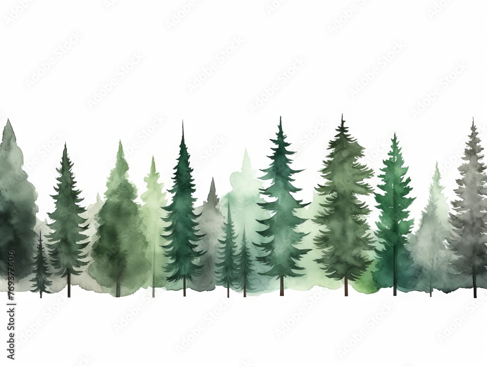 Obraz premium Giant Sequoia Tree Line Watercolor in Dark Green and Light Gray Christmas Punk Style Generative AI