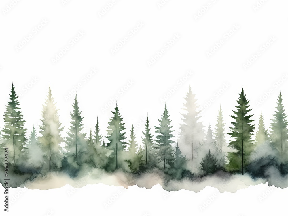Watercolor Tree Line: Hemlock on White Background in Dark Green and Light Gray Style Generative AI