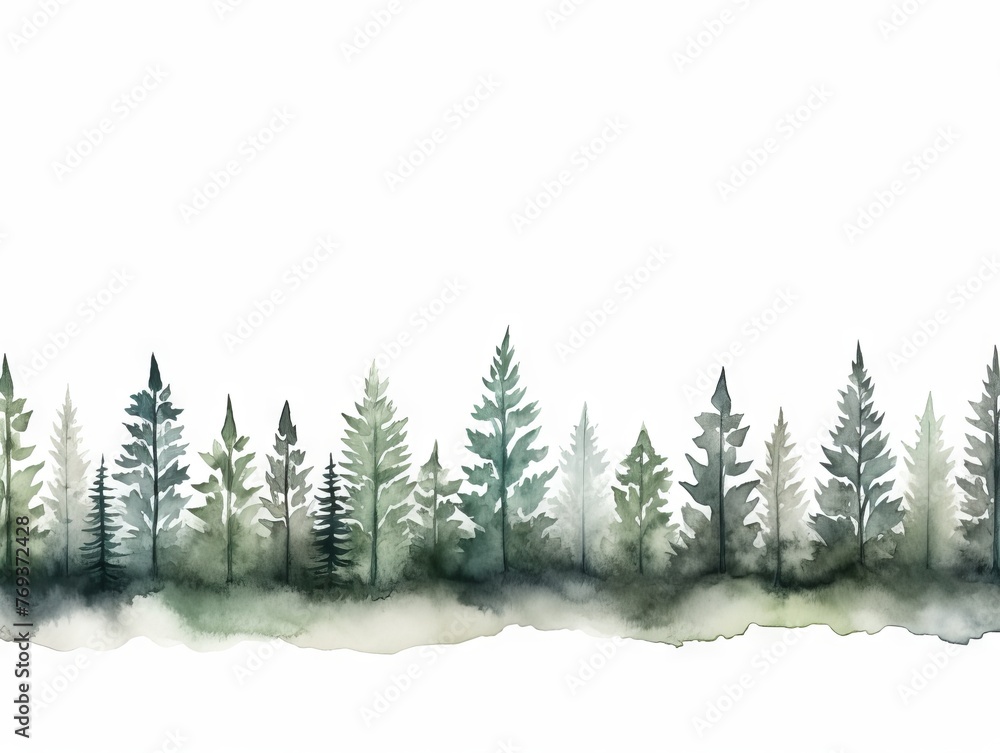 Watercolor Tree Line with Holly on White Background in Dark Green and Light Gray Xmaspunk Style Generative AI