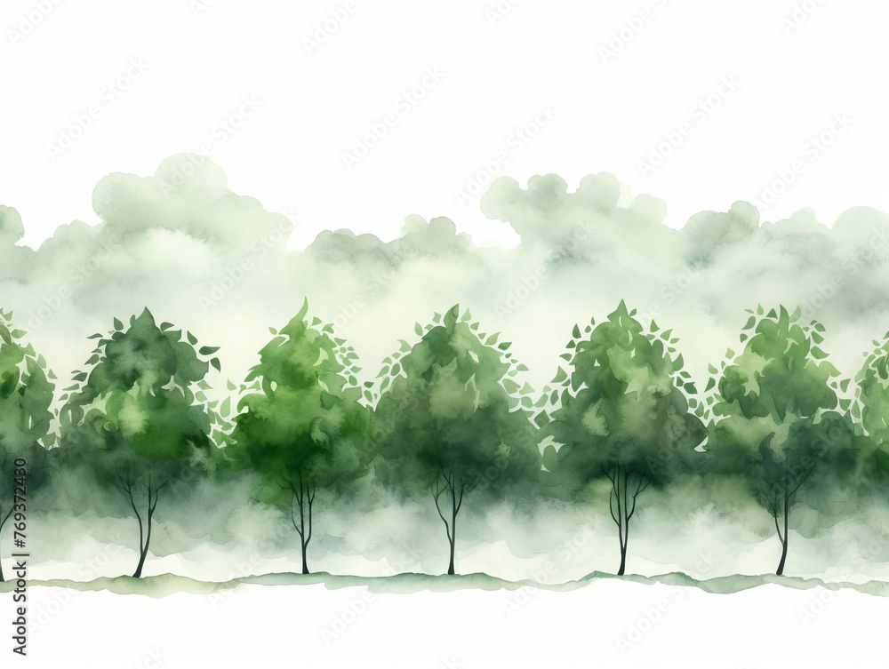 Watercolor Tree Line: Horse Chestnut in Dark Green and Light Gray Christmas Punk Style on White Generative AI - obrazy, fototapety, plakaty 