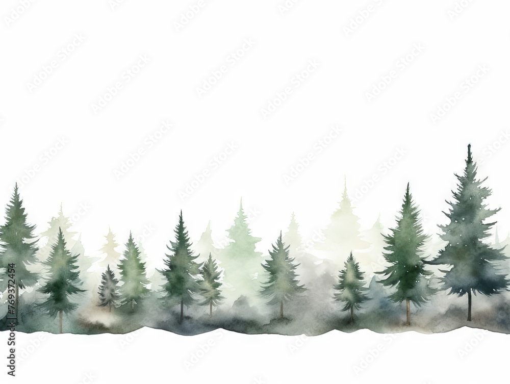 Watercolor Tree Line of Juniper on White Background in Dark Green and Light Gray Style Generative AI