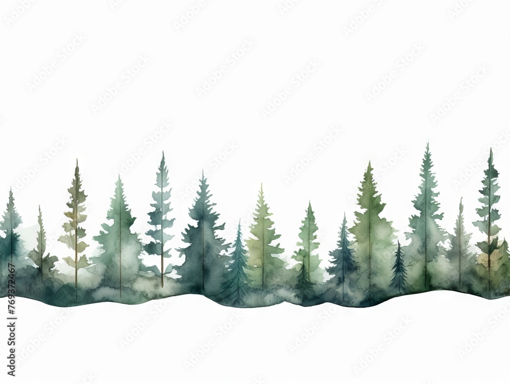 Watercolor Tree Line of Juniper on White Background in Dark Green and Light Gray Style Generative AI
