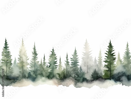 Watercolor Tree Line: Hemlock on White Background in Dark Green and Light Gray Style Generative AI