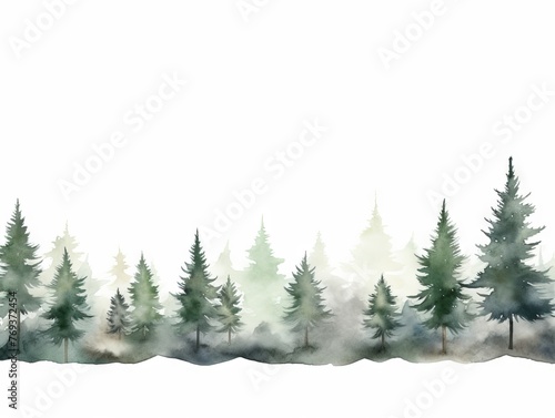 Watercolor Tree Line of Juniper on White Background in Dark Green and Light Gray Style Generative AI © AlexandraRooss