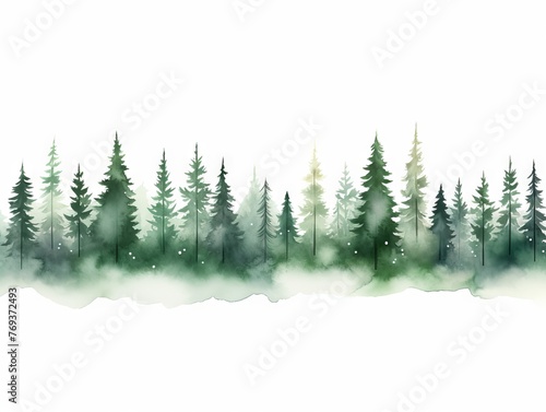 Panoramic Watercolor Tree Line of Koa in Dark Green and Light Gray for Xmaspunk Generative AI