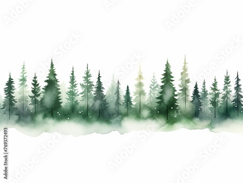 Panoramic Watercolor Tree Line of Koa in Dark Green and Light Gray for Xmaspunk Generative AI photo