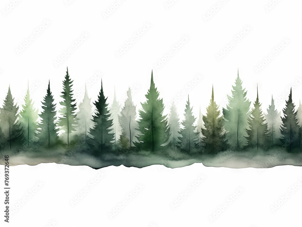 Watercolor Pine Tree Landscape in Christmas Punk Style on White Background Generative AI
