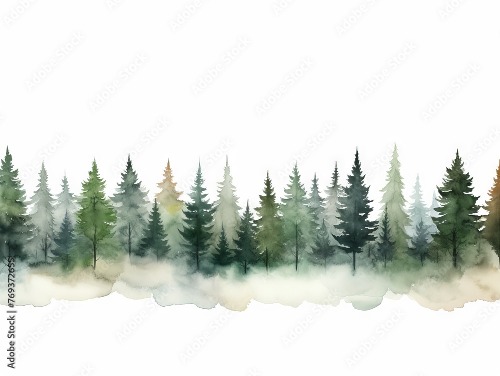 Obraz premium Watercolor Tree Line: Pine Whitebark on White Background in Dark Green and Light Gray Style Generative AI