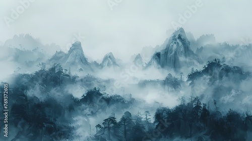 landscape shrouded in rain and mist drawn with a brush illustration abstract background decorative painting © jinzhen