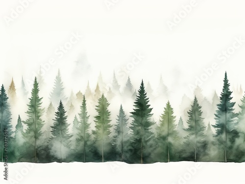 Watercolor Tree Line: Ponderosa Pines in Dark Green and Light Gray on White Background in Christmas Punk Style Generative AI