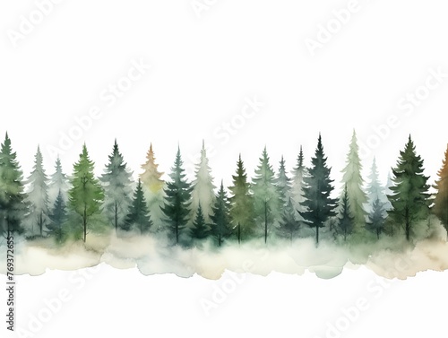 Watercolor Tree Line: Pine Whitebark on White Background in Dark Green and Light Gray Style Generative AI