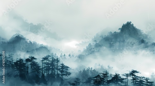 landscape shrouded in rain and mist drawn with a brush illustration abstract background decorative painting photo