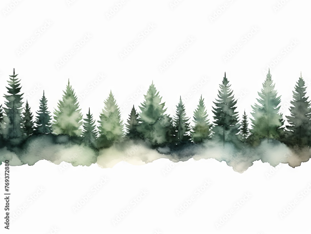 Watercolor Tree Line: White Pine on White in Dark Green and Light Gray Style - XmasPunk Panorama Generative AI