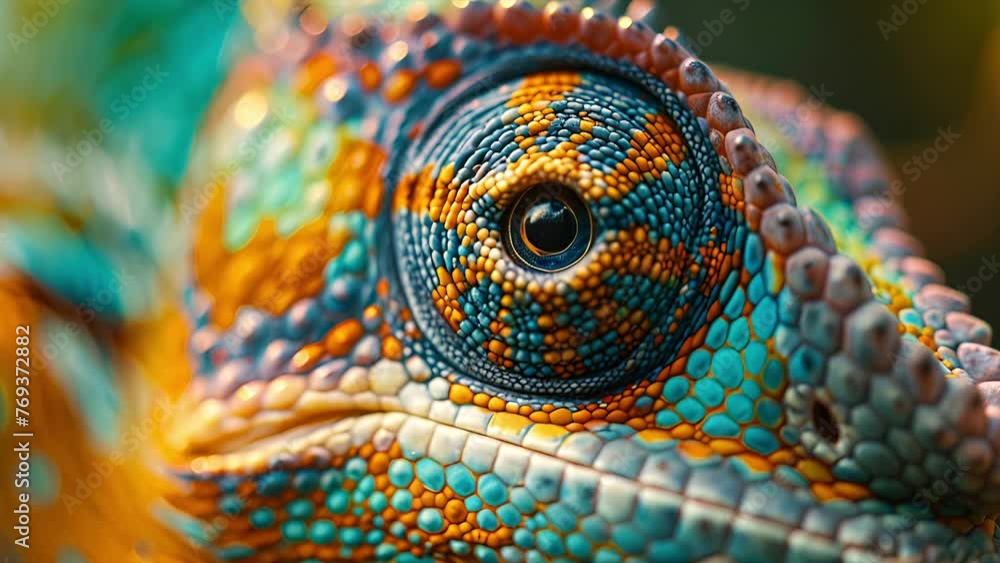Close up shot of a colorful chameleon's eye as it looks around Close up shot of a colorful chameleon's eye as it looks around