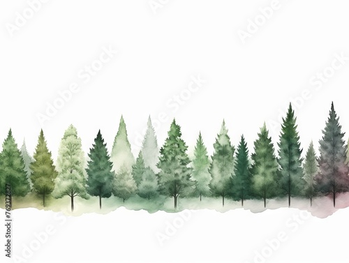 Panoramic Watercolor Tree Line with Walnut on White Background in Dark Green and Light Gray Style Generative AI