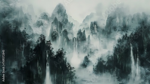 landscape shrouded in rain and mist drawn with a brush illustration abstract background decorative painting photo