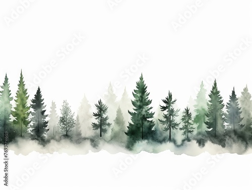 Watercolor Tree Line: White Pine on White in Dark Green and Light Gray Style - XmasPunk Panorama Generative AI