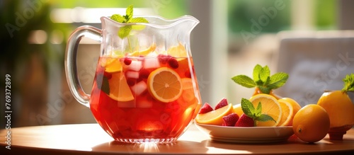 A pitcher of Rangpur citrus iced tea with fruit slices is sitting on a table, ready to be enjoyed as a refreshing drink on a hot day