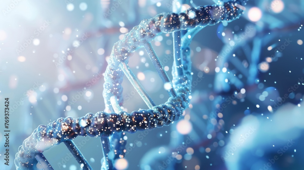 An enchanting digital visualization of a DNA helix structure enhanced with sparkling effects and blue highlights, depicting the beauty of genetic science.