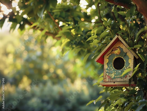 A charming, painted birdhouse affixed to a tree in a lush, green backyard, the afternoon sun filtering through the leaves 