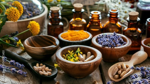 A diverse array of herbal medicine ingredients and natural supplements displayed in wooden bowls and bottles, highlighting holistic health practices. photo