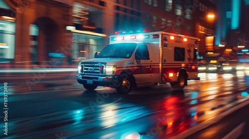 An ambulance speeds through the city streets at night, lights blazing, as it responds to an emergency call, reflecting the urgency of medical care. © doraclub