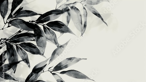 Black and white photo of leaves on a tree, against a backdrop of nature, background, wallpaper, copy space © keystoker
