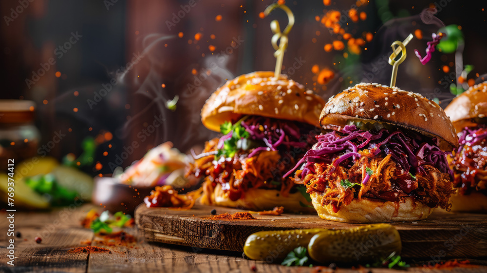 Sumptuous pulled pork burgers with rich slaw and vibrant spices sprinkled, served on a wooden surface - obrazy, fototapety, plakaty 