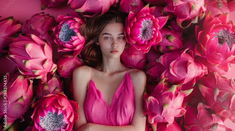 A woman in a pink dress surrounded by pink flowers