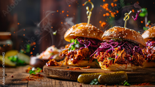 Sumptuous pulled pork burgers with rich slaw and vibrant spices sprinkled, served on a wooden surface