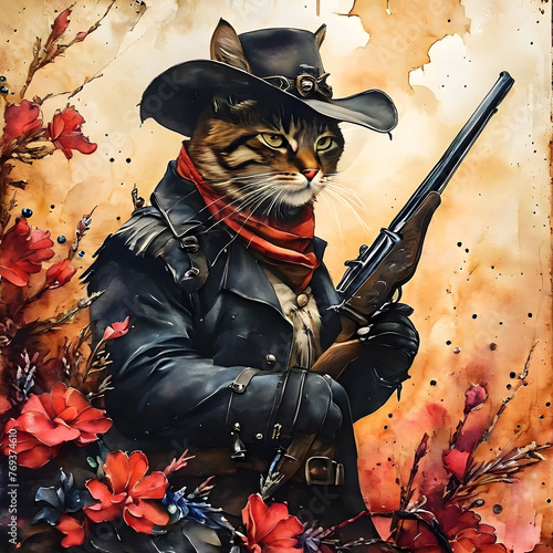 This gun-slinger feline exudes an air of determination and skill as he grips his reigns tightly and adjusts his hat. The backdrop is a blend of rich alcohol ink colors, creating a sense of movement an