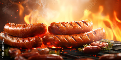 There are many sausages cooking on a grill with flames smoked with fire background
 photo