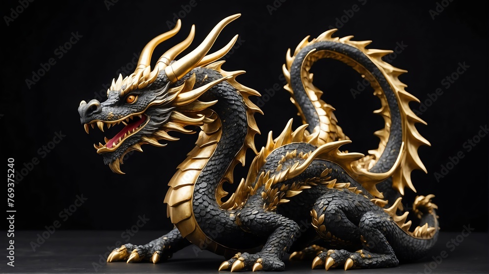 Fototapeta premium Gold dragon statue on plain black background facing forward from Generative AI