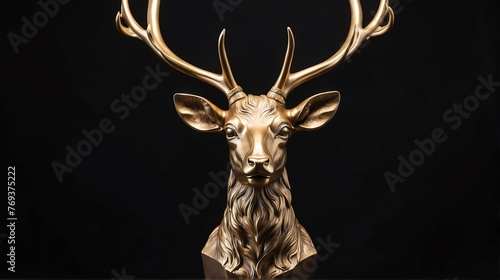Gold deer statue on plain black background facing forward from Generative AI photo