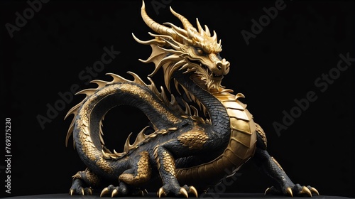 Gold dragon statue on plain black background facing forward from Generative AI photo