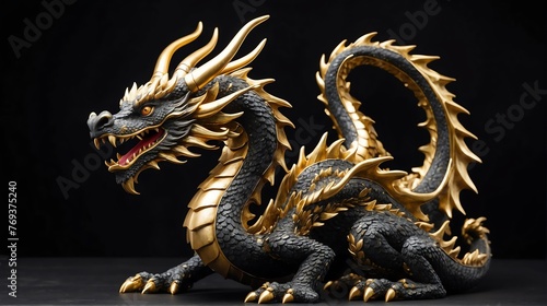 Gold dragon statue on plain black background facing forward from Generative AI © Arceli